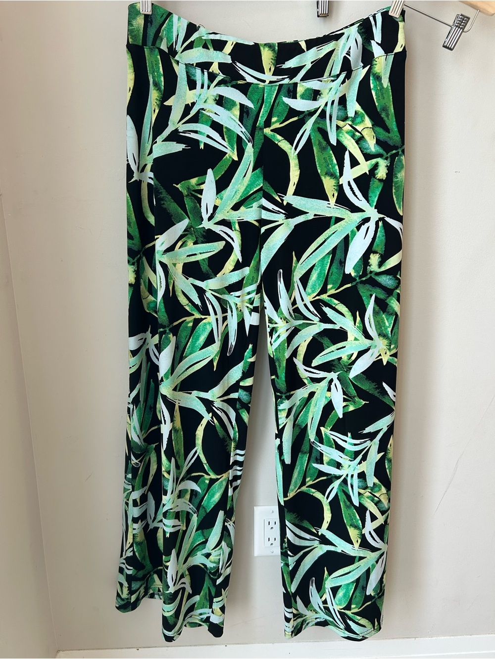 Tropical Green Leaf Print Wide Leg Pants